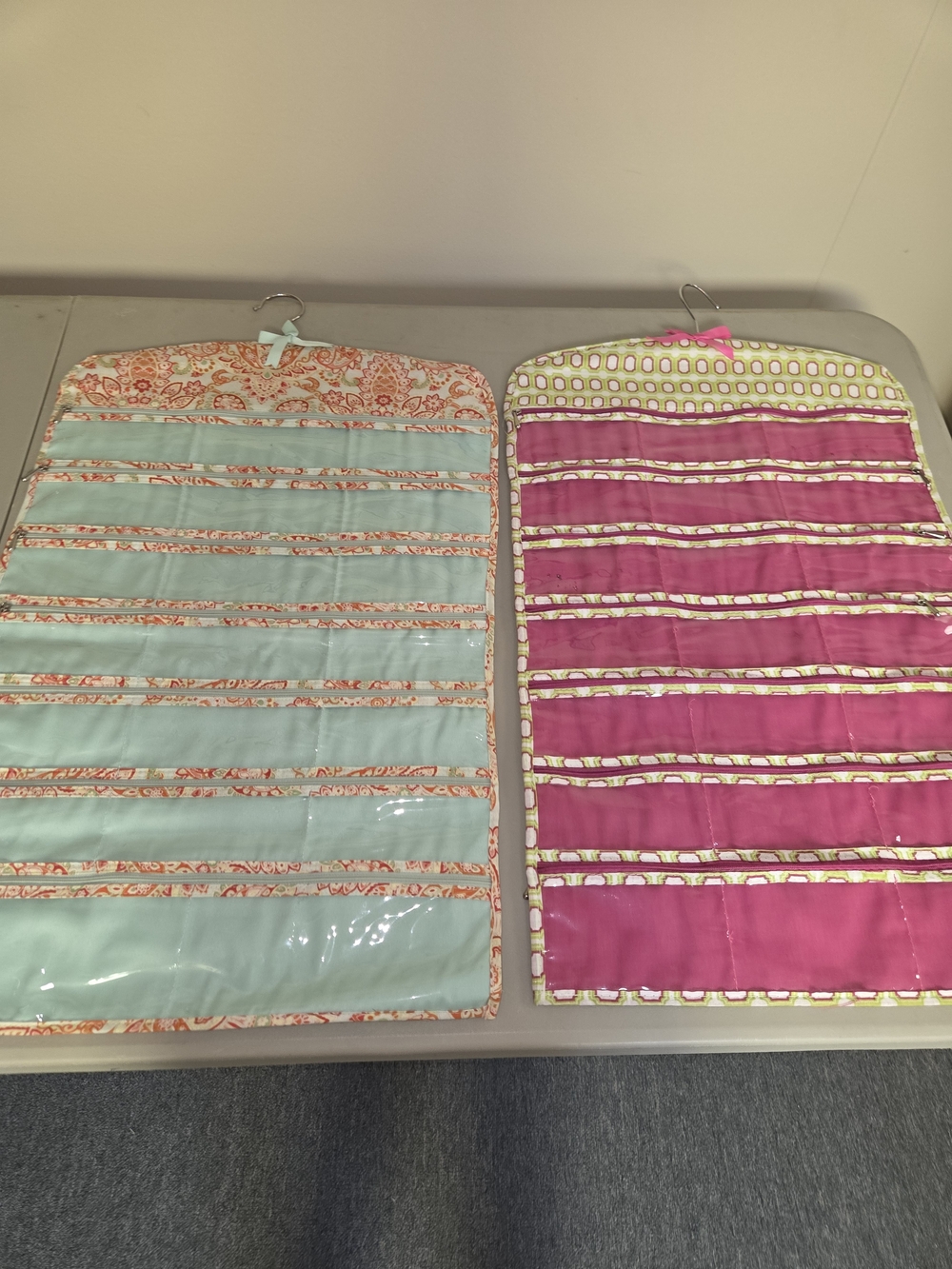 2 Hanging Jewelry Organizers - Mint and Fuchsia Pocket Storage